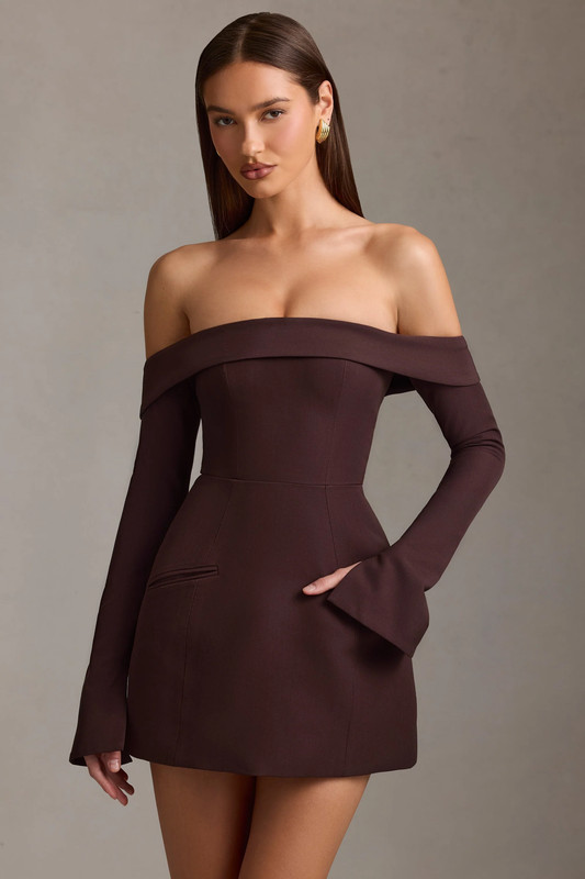 Off-Shoulder Structured A-Line Mini Dress in Chocolate Brown - UK Size:10